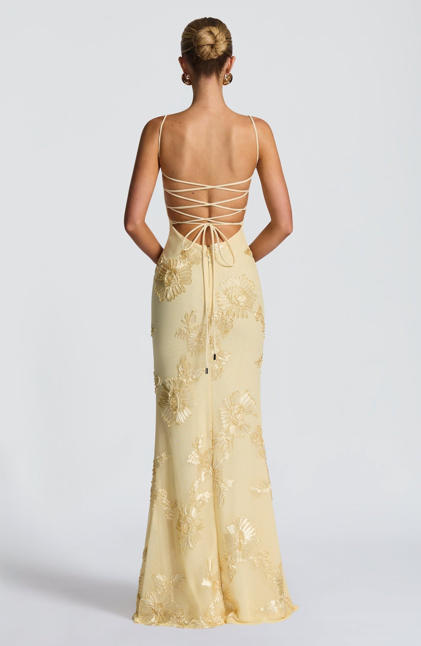 Calista | Women's Luxe Floral Embroidered Maxi Wedding Guest Dress in Champagne