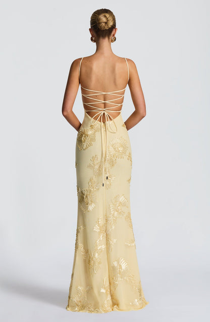 Calista | Women's Luxe Floral Embroidered Maxi Wedding Guest Dress in Champagne