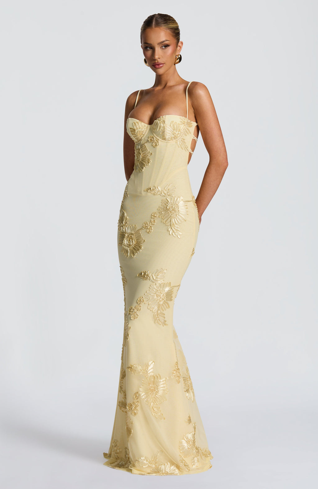 Calista | Women's Luxe Floral Embroidered Maxi Wedding Guest Dress in Champagne