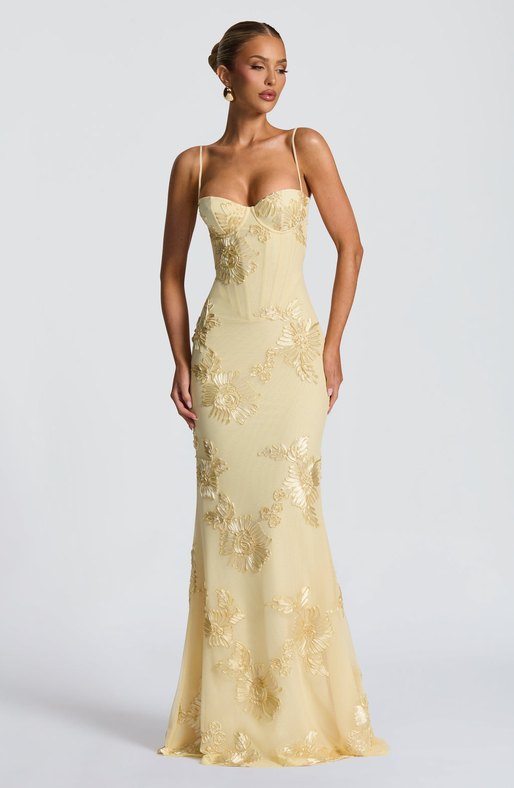 Calista | Women's Luxe Floral Embroidered Maxi Wedding Guest Dress in Champagne