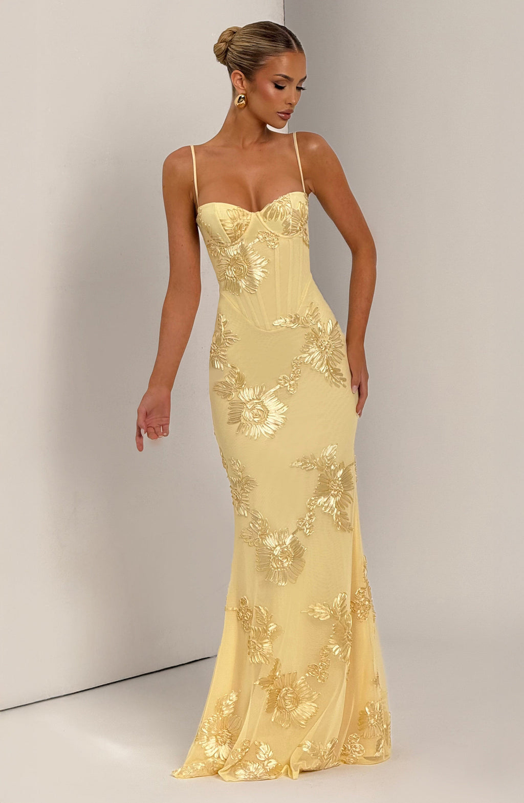 Calista | Women's Luxe Floral Embroidered Maxi Wedding Guest Dress in Champagne