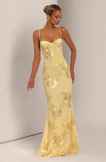 Calista | Women's Luxe Floral Embroidered Maxi Wedding Guest Dress in Champagne