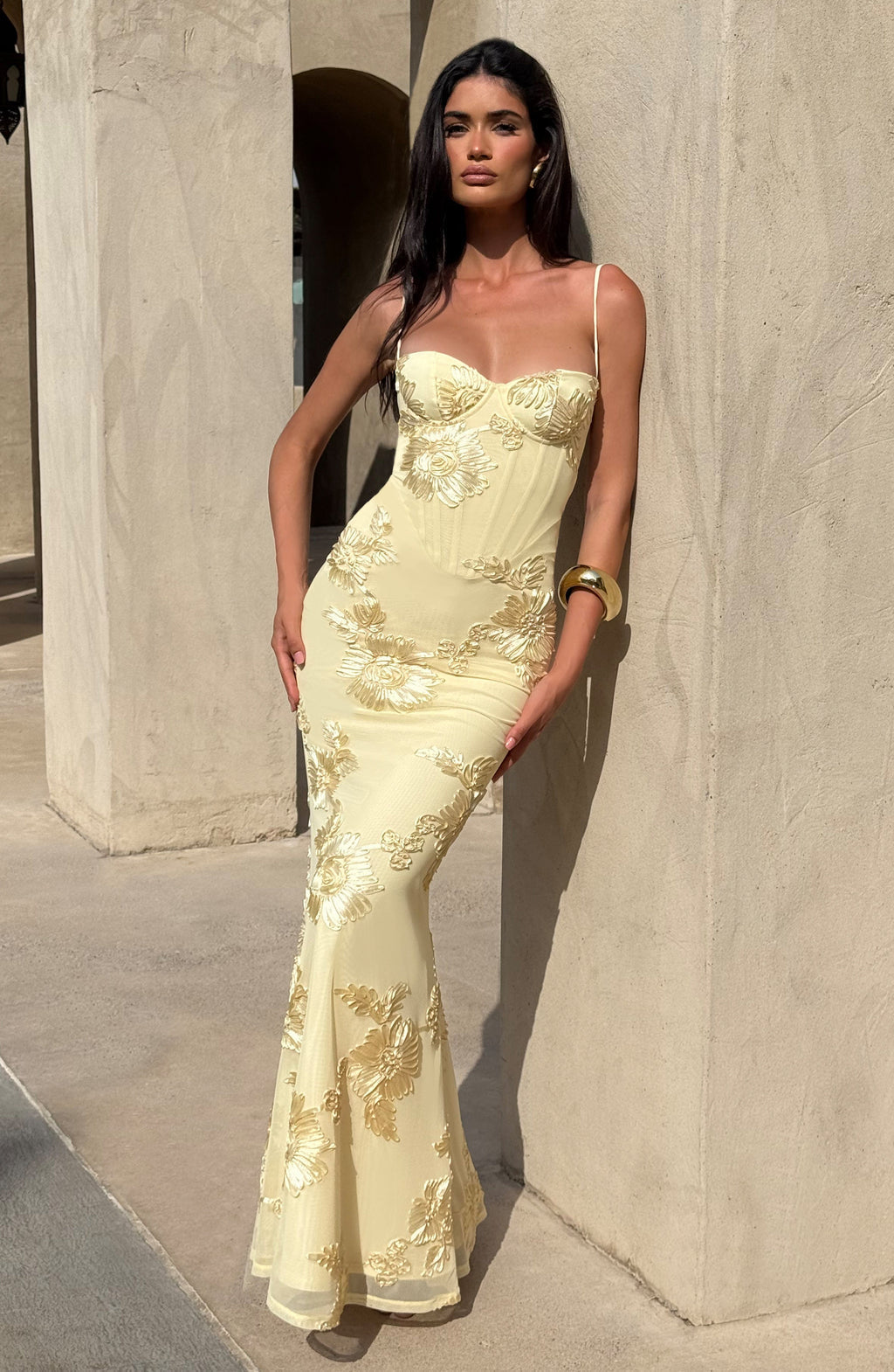 Calista | Women's Luxe Floral Embroidered Maxi Wedding Guest Dress in Champagne