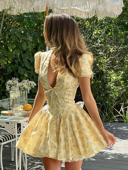 Alethea | Women’s Floral A Line Puff Sleeve Mini Dress in Soft Yellow
