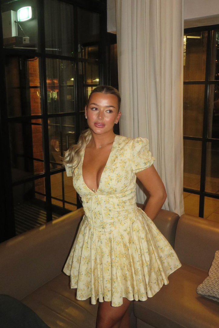 Alethea | Women’s Floral A Line Puff Sleeve Mini Dress in Soft Yellow