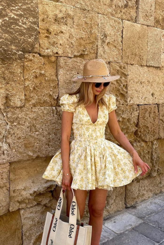 Alethea | Women’s Floral A Line Puff Sleeve Mini Dress in Soft Yellow