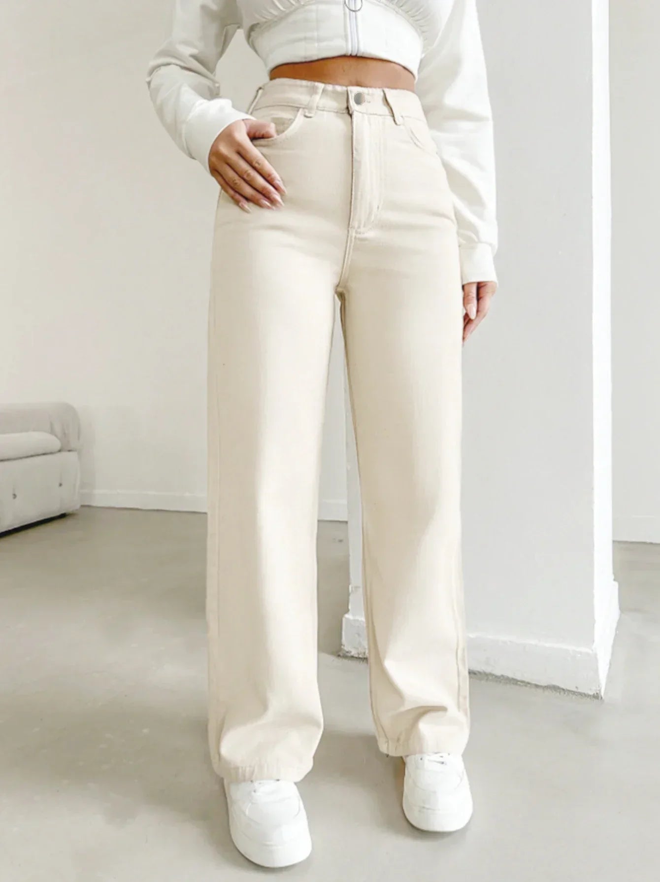 Astrid | Women's High Waist Cream Straight Leg Pants