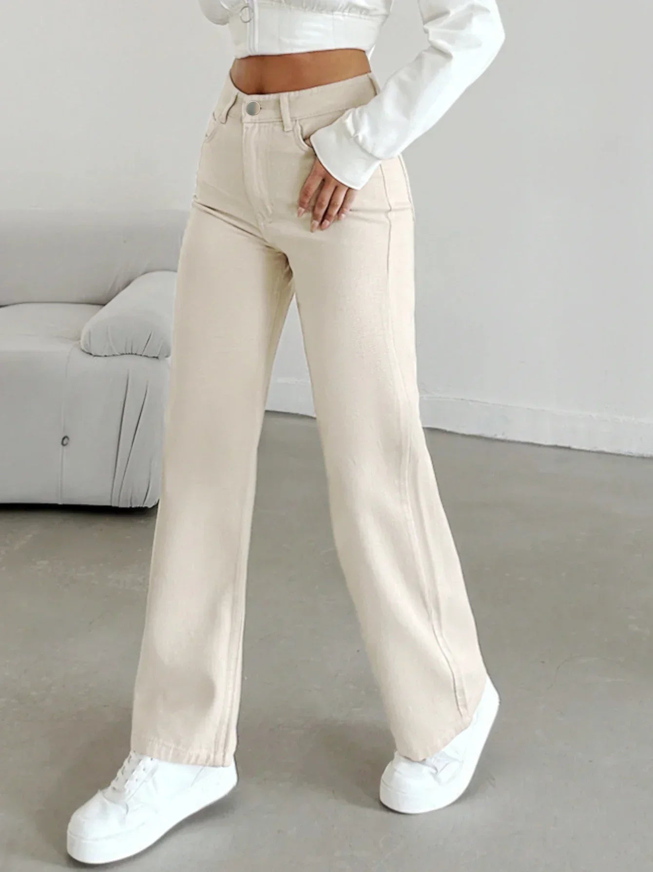 Astrid | Women's High Waist Cream Straight Leg Pants