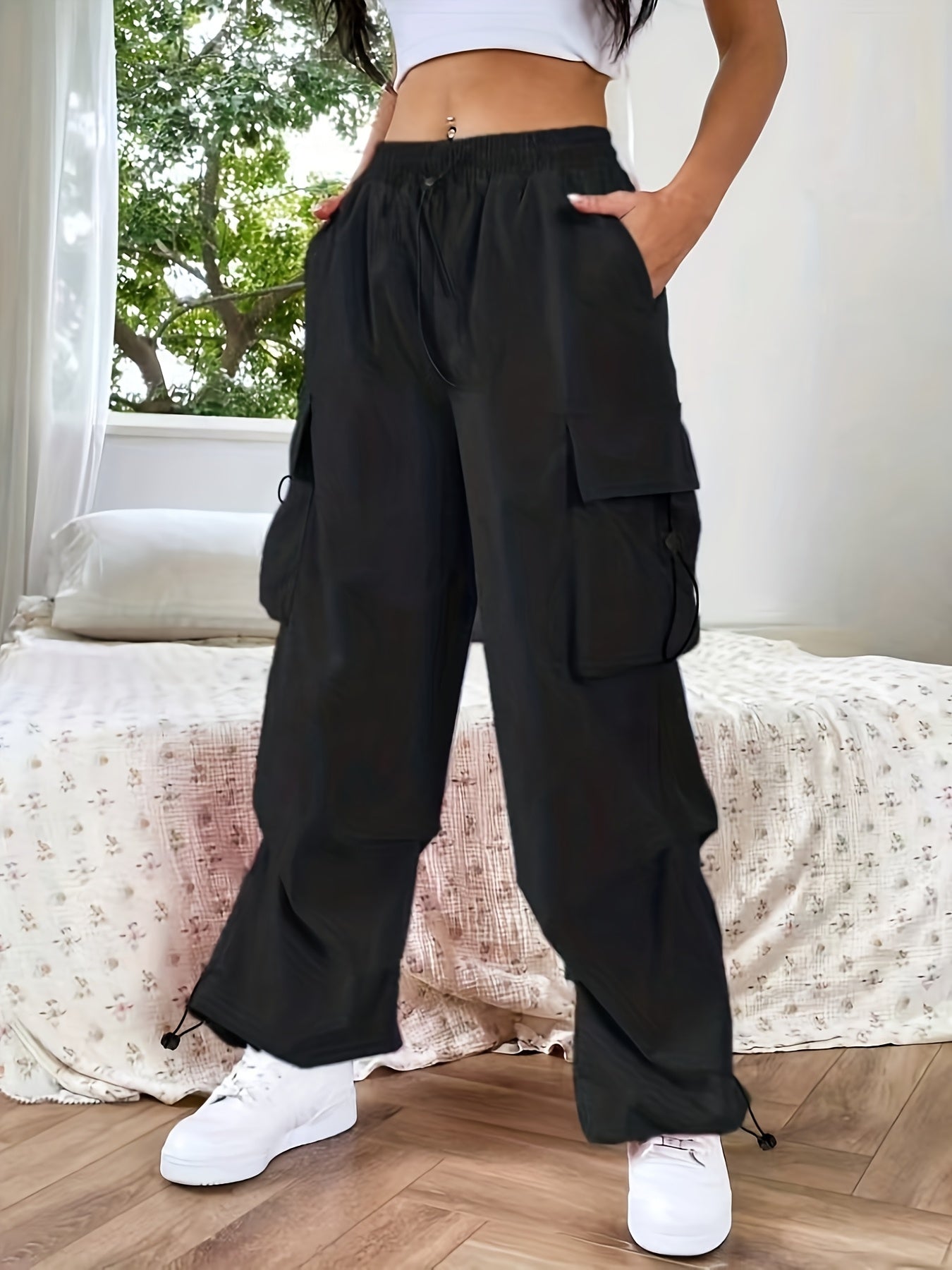 Astrid | Women's Wide Leg Cargo Pocket Casual Pants - Black