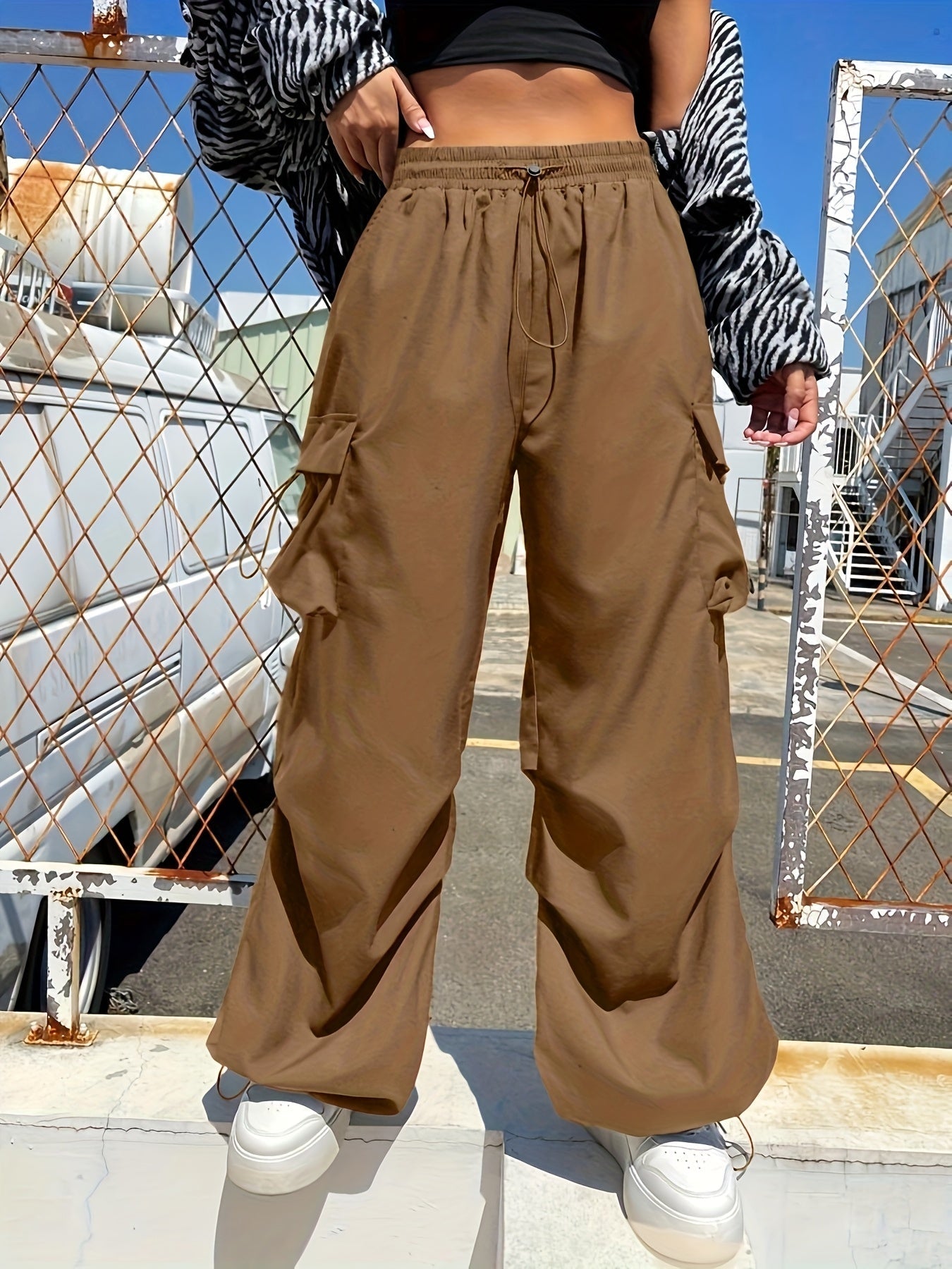 Astrid | Women's Wide Leg Cargo Pocket Casual Pants - Black