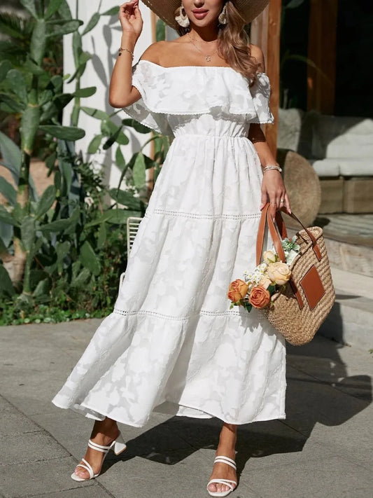 Women's Off Shoulder Tiered White Maxi Wedding Guest Dress