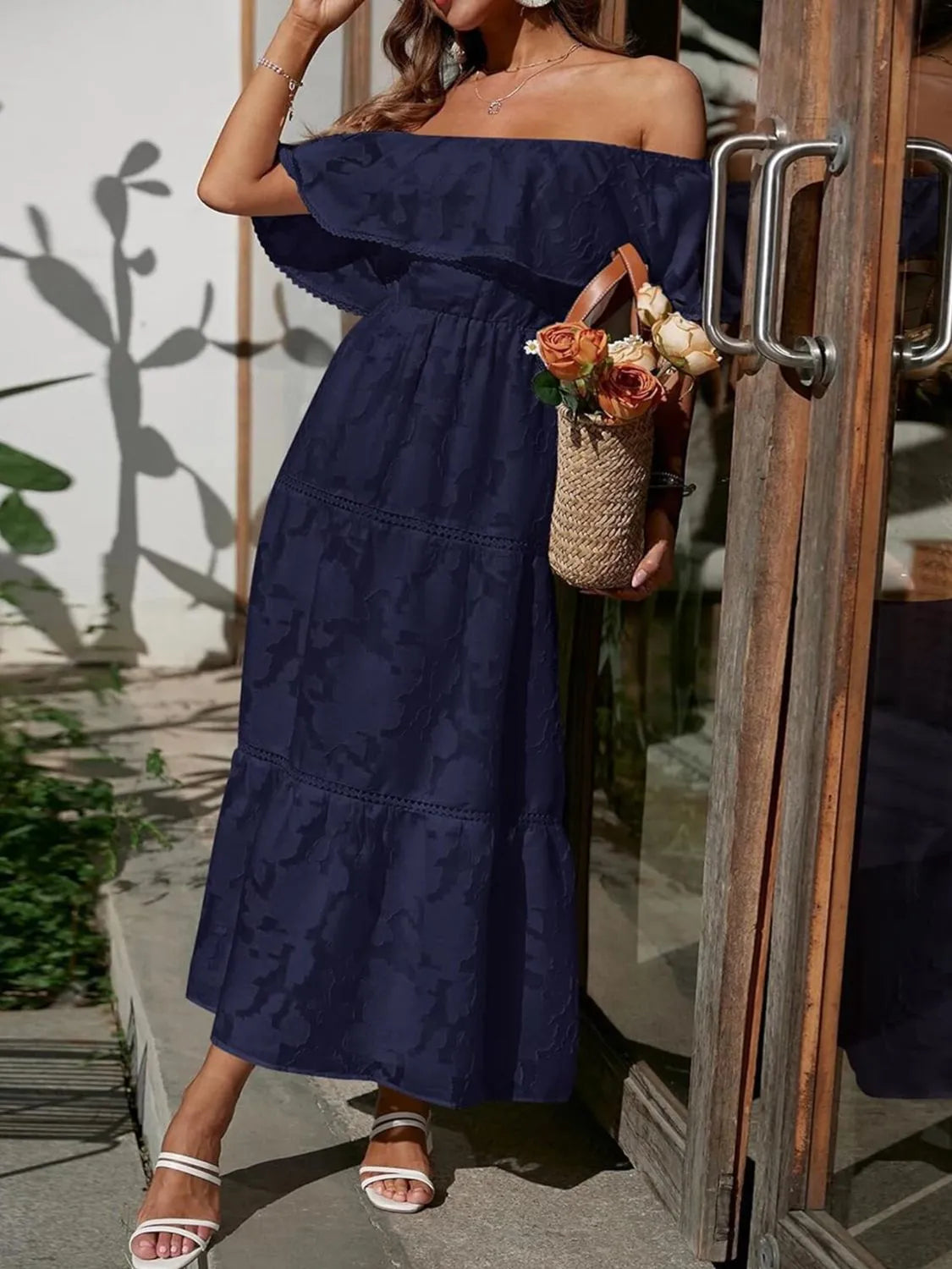 Women's Off Shoulder Tiered White Maxi Wedding Guest Dress