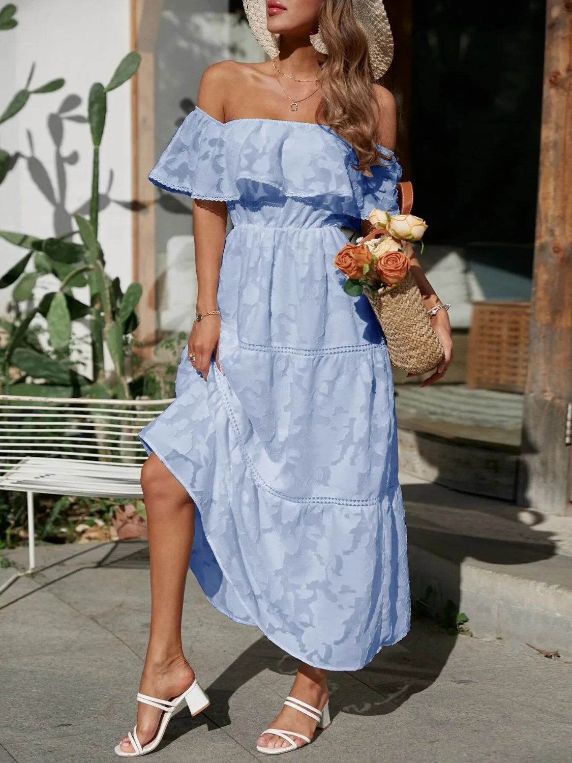 Women's Off Shoulder Tiered White Maxi Wedding Guest Dress