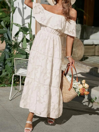 Women's Off Shoulder Tiered White Maxi Wedding Guest Dress