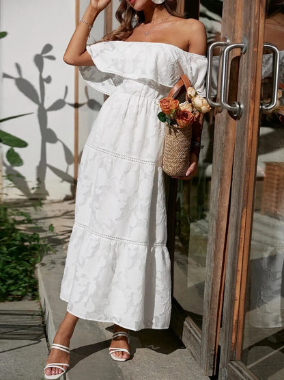 Women's Off Shoulder Tiered White Maxi Wedding Guest Dress