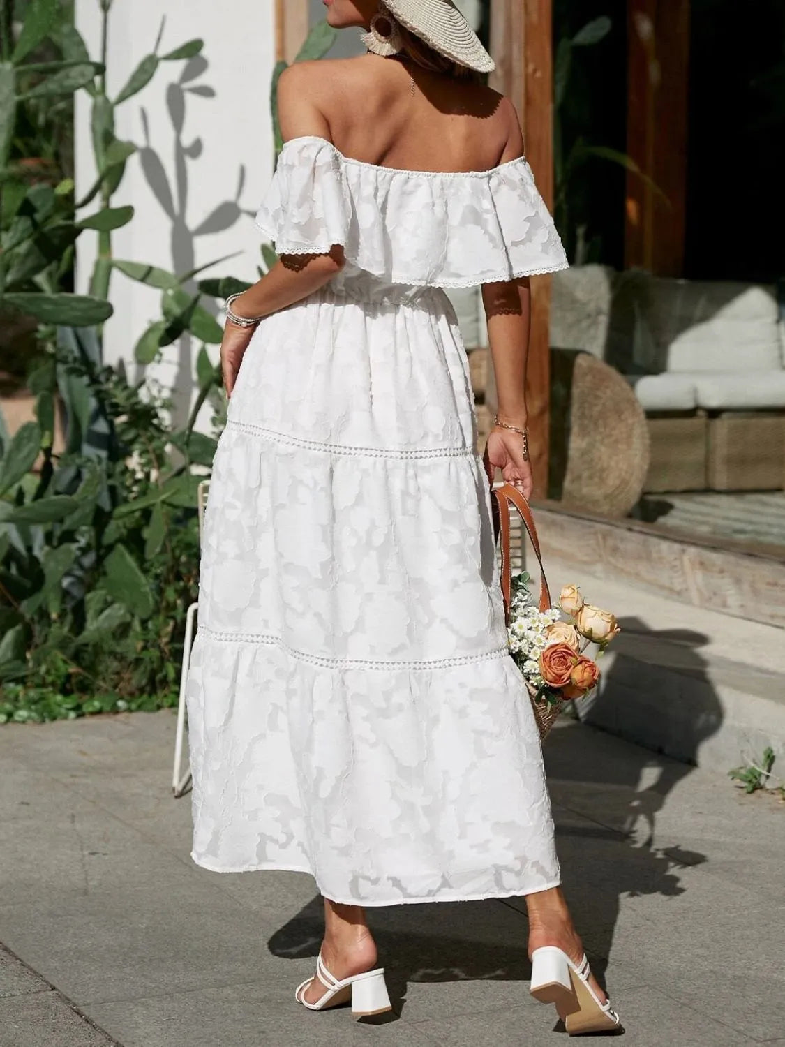 Women's Off Shoulder Tiered White Maxi Wedding Guest Dress