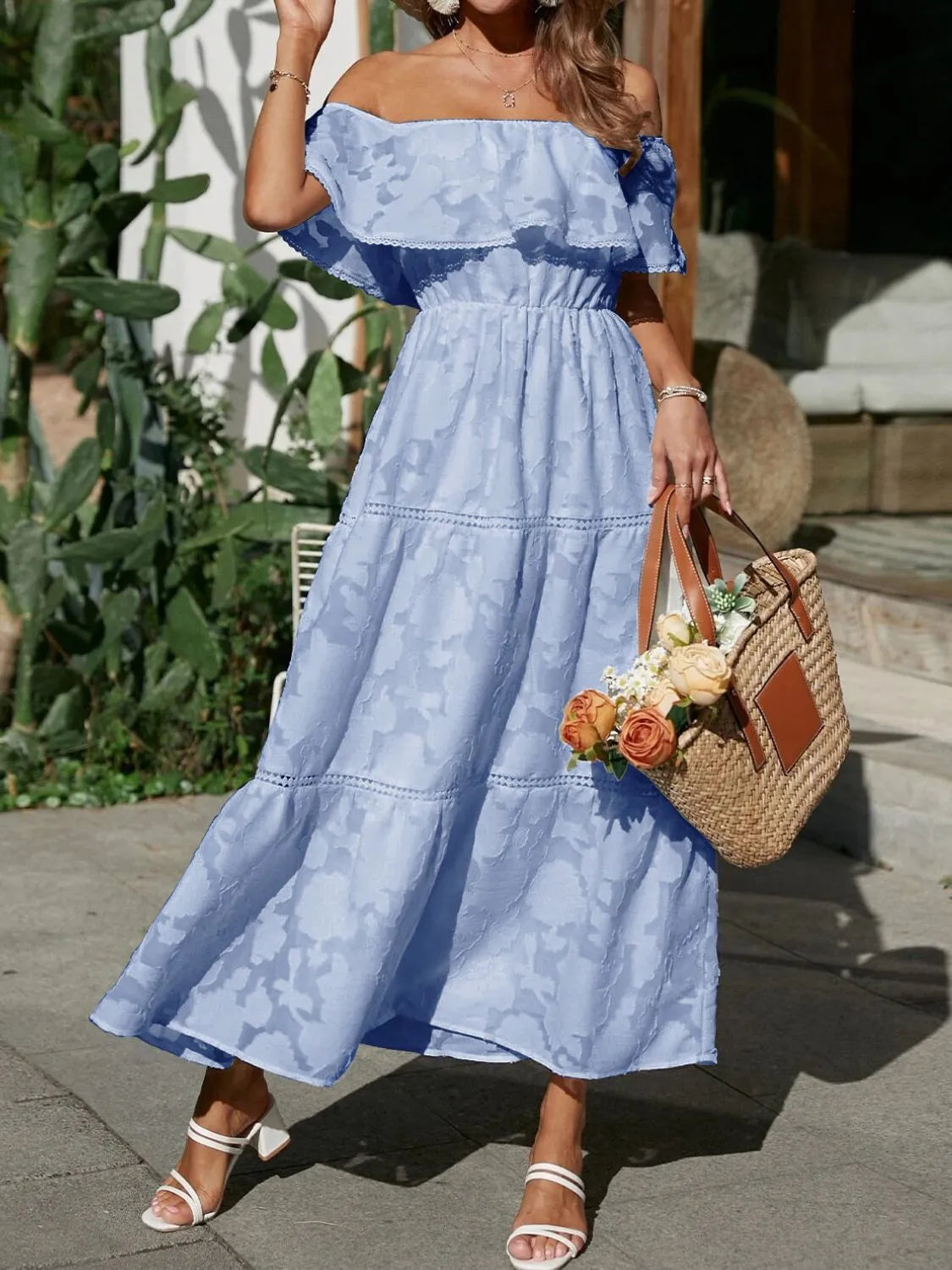 Women's Off Shoulder Tiered White Maxi Wedding Guest Dress