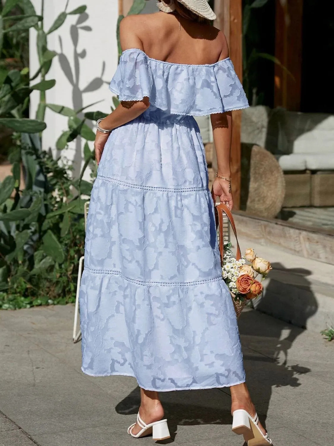 Women's Off Shoulder Tiered White Maxi Wedding Guest Dress