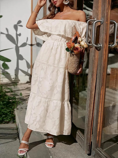 Women's Off Shoulder Tiered White Maxi Wedding Guest Dress