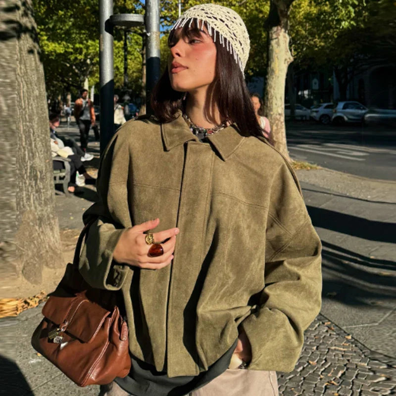 Astrid | Luxury Olive Green Cropped Suede Bomber Jacket