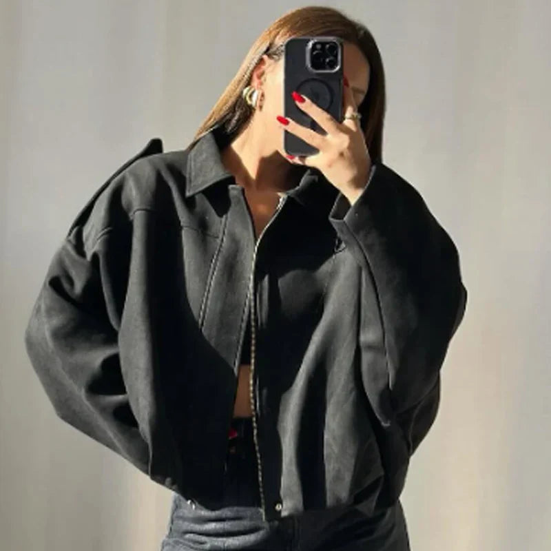 Astrid | Luxury Olive Green Cropped Suede Bomber Jacket