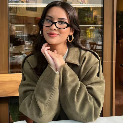 Astrid | Luxury Olive Green Cropped Suede Bomber Jacket