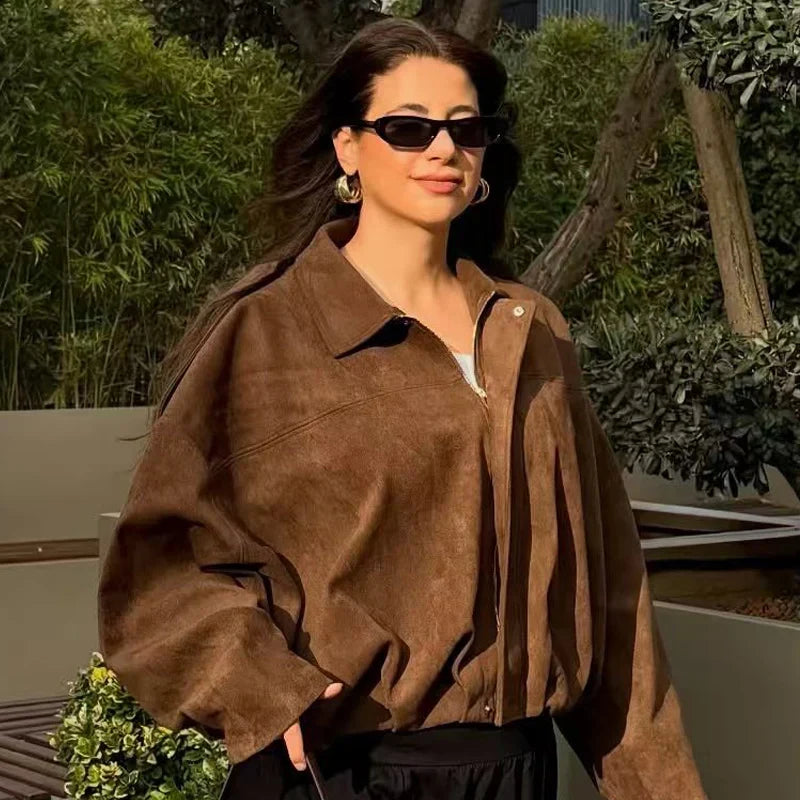 Astrid | Luxury Olive Green Cropped Suede Bomber Jacket