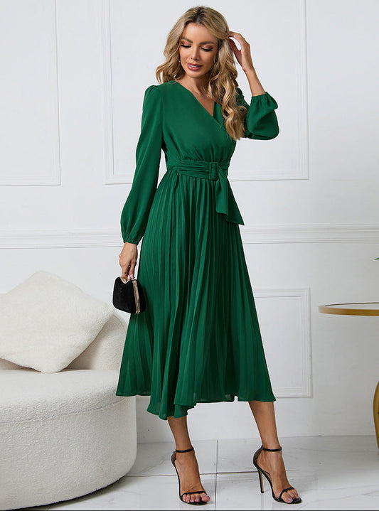 Astrid | Women's Long Sleeve Emerald Midi Wedding Guest Dress