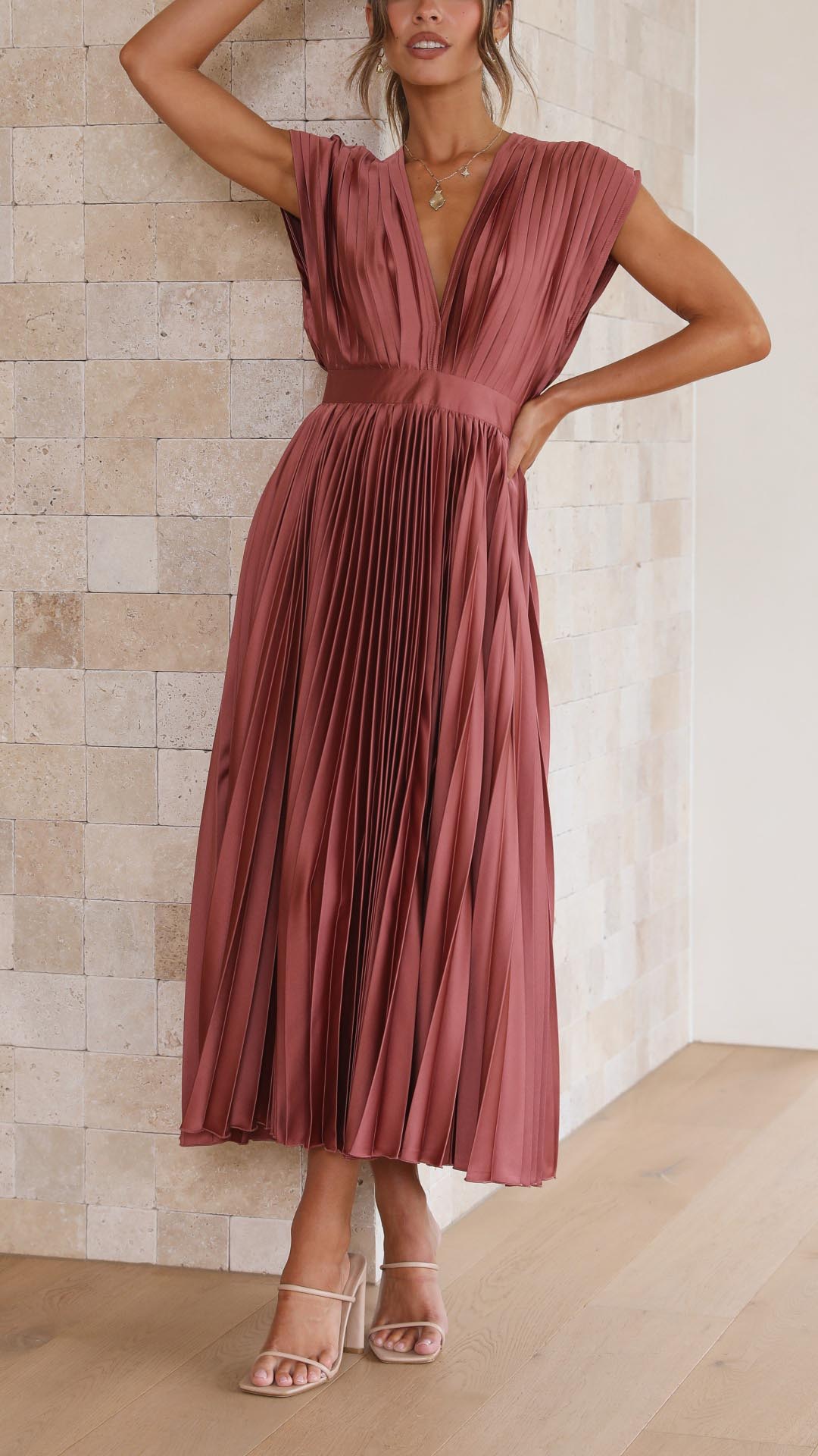 Alethea | Women's Pleated V Neck Midi Wedding Guest Dress in Blush Pink