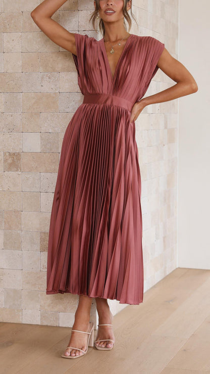 Alethea | Women's Pleated V Neck Midi Wedding Guest Dress in Blush Pink