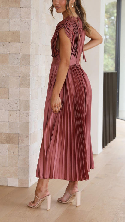 Alethea | Women's Pleated V Neck Midi Wedding Guest Dress in Blush Pink