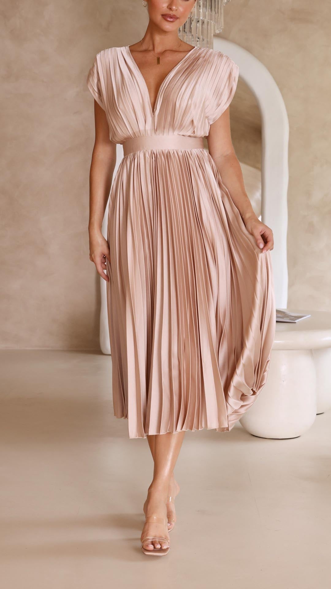 Alethea | Women's Pleated V Neck Midi Wedding Guest Dress in Blush Pink