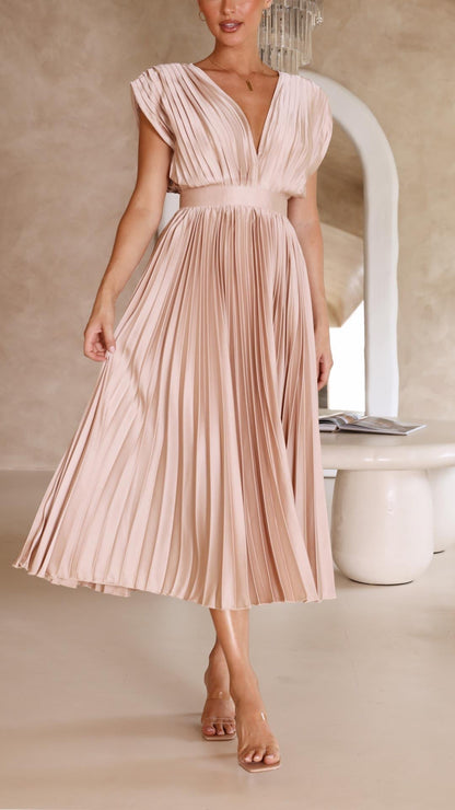 Alethea | Women's Pleated V Neck Midi Wedding Guest Dress in Blush Pink