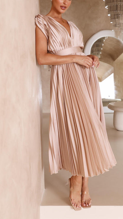Alethea | Women's Pleated V Neck Midi Wedding Guest Dress in Blush Pink
