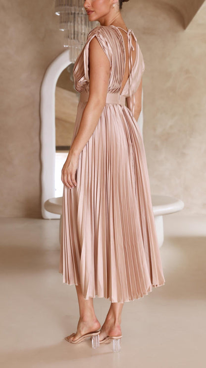 Alethea | Women's Pleated V Neck Midi Wedding Guest Dress in Blush Pink