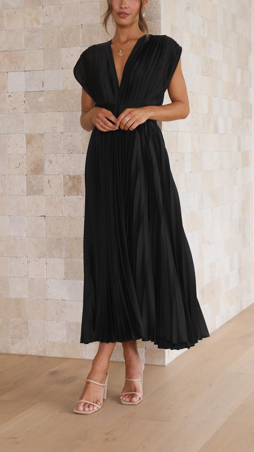 Alethea | Women's Pleated V Neck Midi Wedding Guest Dress in Blush Pink