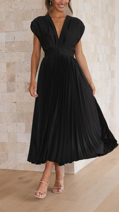 Alethea | Women's Pleated V Neck Midi Wedding Guest Dress in Blush Pink