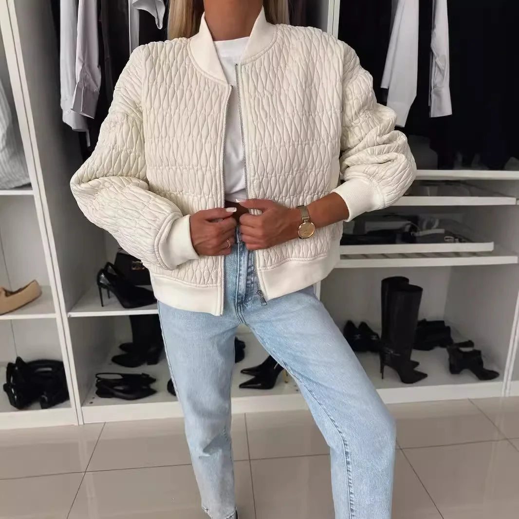 Alethea | Women's Cream Quilted Zip Up Bomber Jacket
