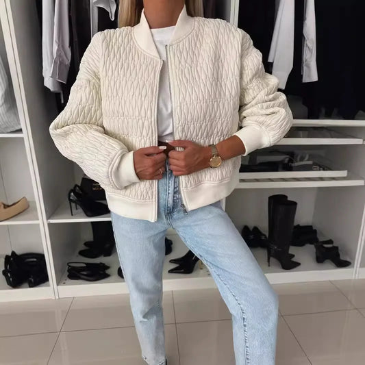 Alethea | Women's Cream Quilted Zip Up Bomber Jacket