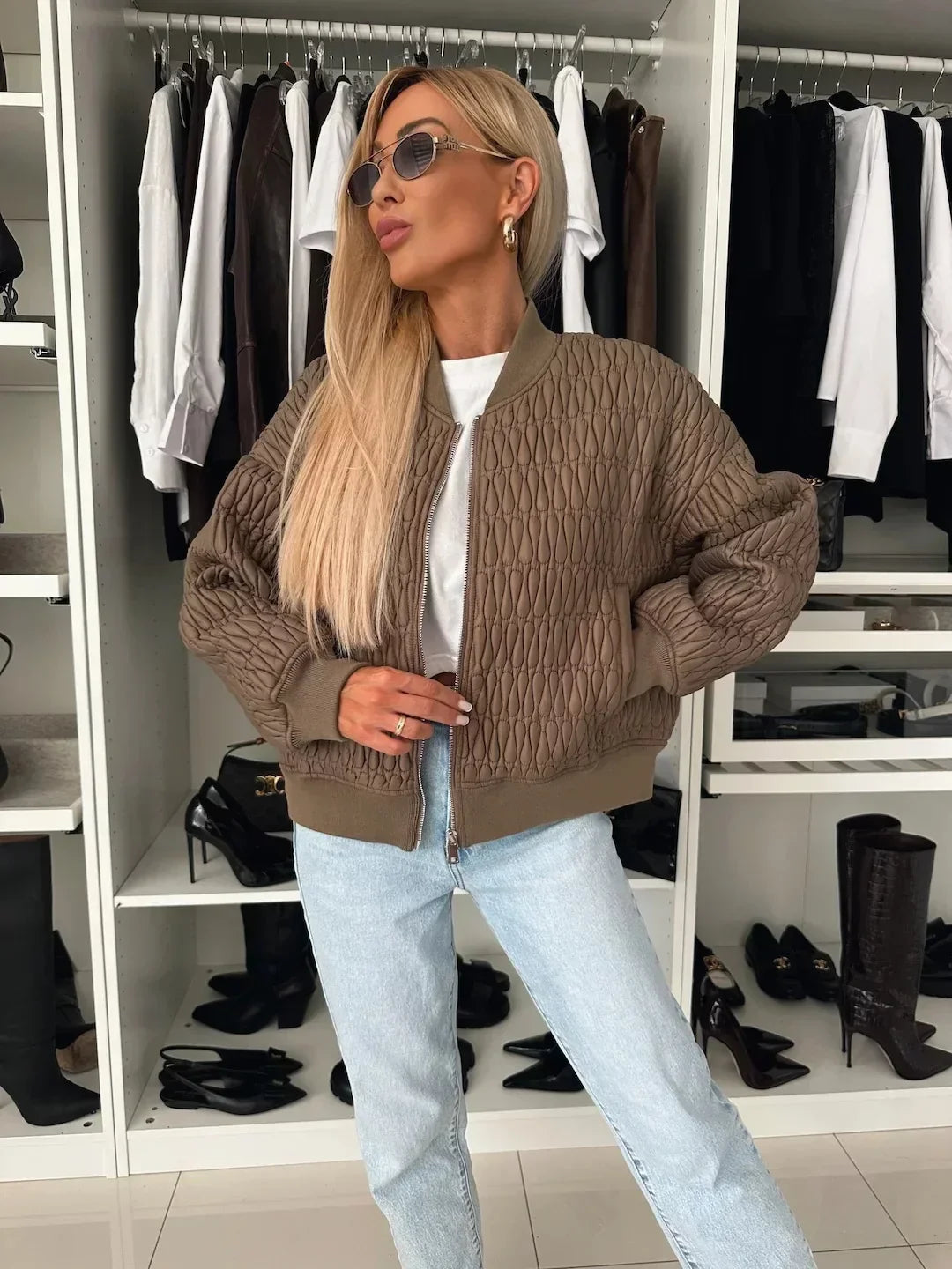 Alethea | Women's Cream Quilted Zip Up Bomber Jacket