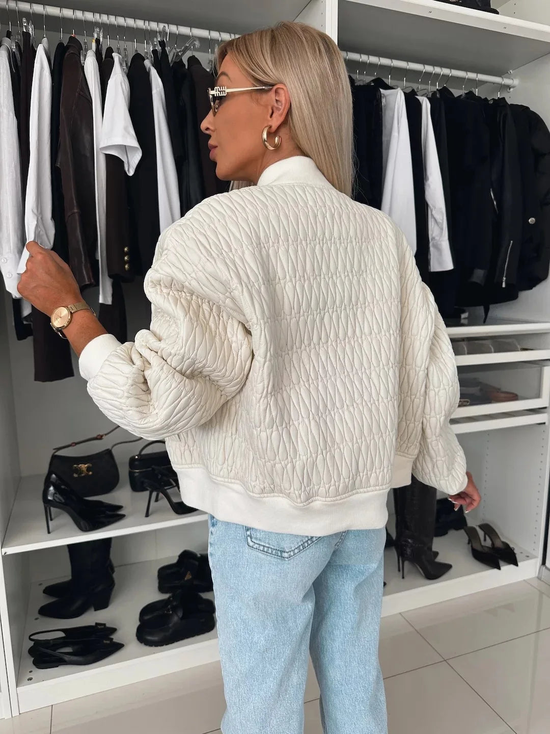 Alethea | Women's Cream Quilted Zip Up Bomber Jacket