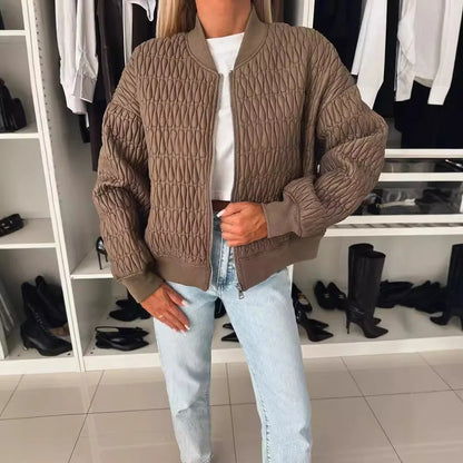 Alethea | Women's Cream Quilted Zip Up Bomber Jacket