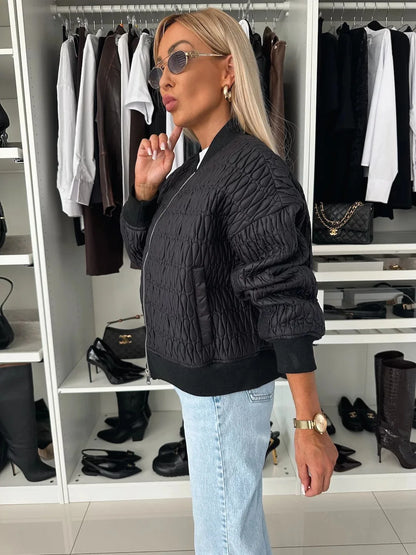 Alethea | Women's Cream Quilted Zip Up Bomber Jacket