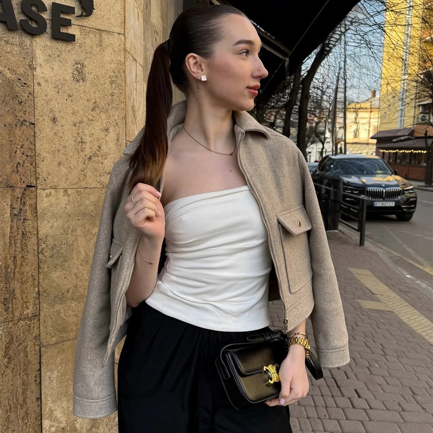 Women's Cropped Brown Zip Up Bomber Jacket