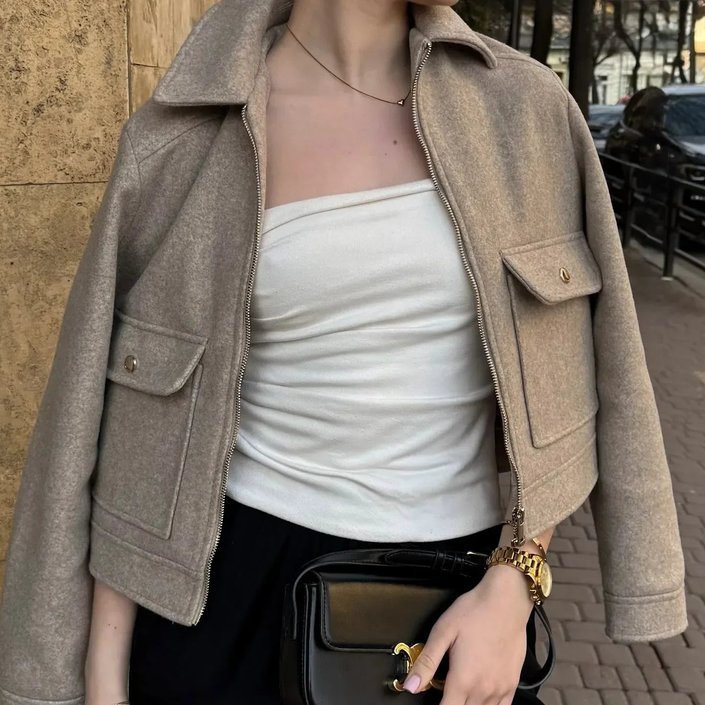 Women's Cropped Brown Zip Up Bomber Jacket