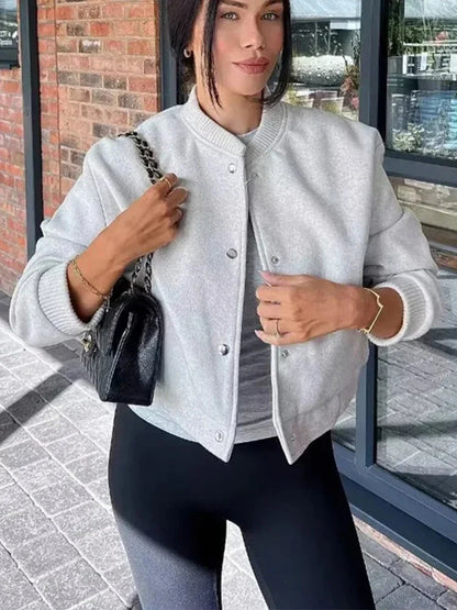 Alethea | Cropped Light Grey Velvet Button Front Bomber Jacket