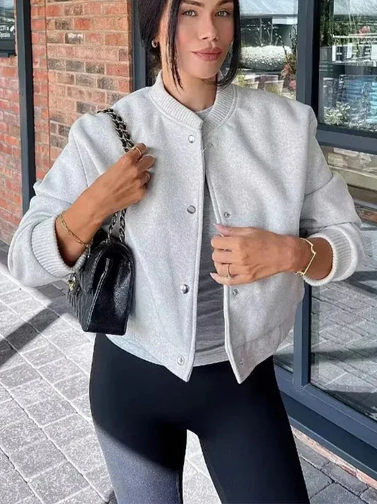 Alethea | Cropped Light Grey Velvet Button Front Bomber Jacket