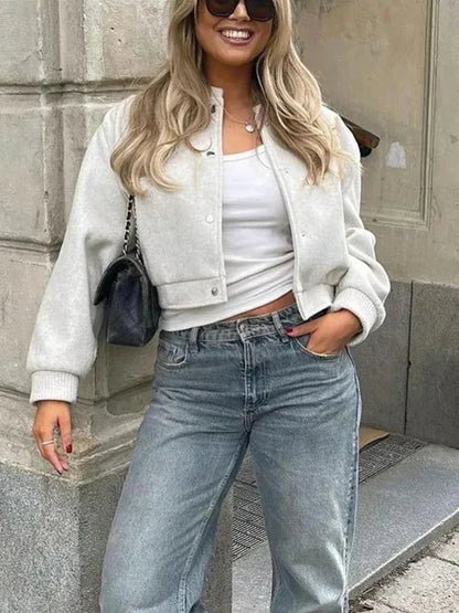 Alethea | Cropped Light Grey Velvet Button Front Bomber Jacket