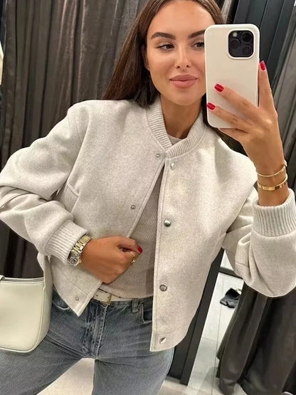 Alethea | Cropped Light Grey Velvet Button Front Bomber Jacket