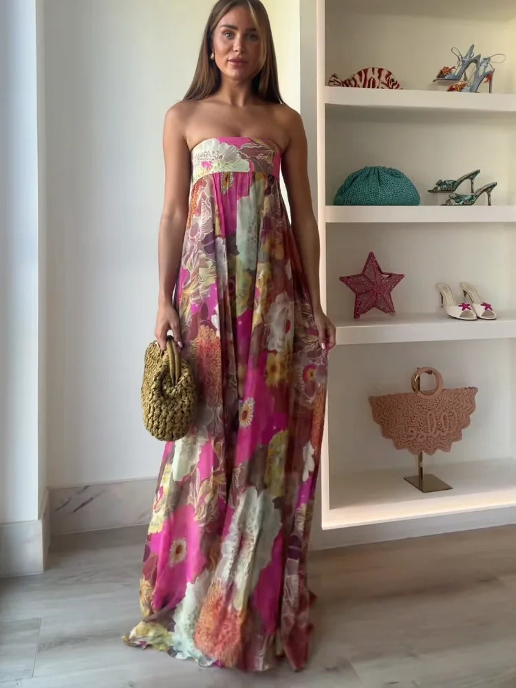 Julieta | Women's Strapless Vibrant Floral Maxi Wedding Guest Dress